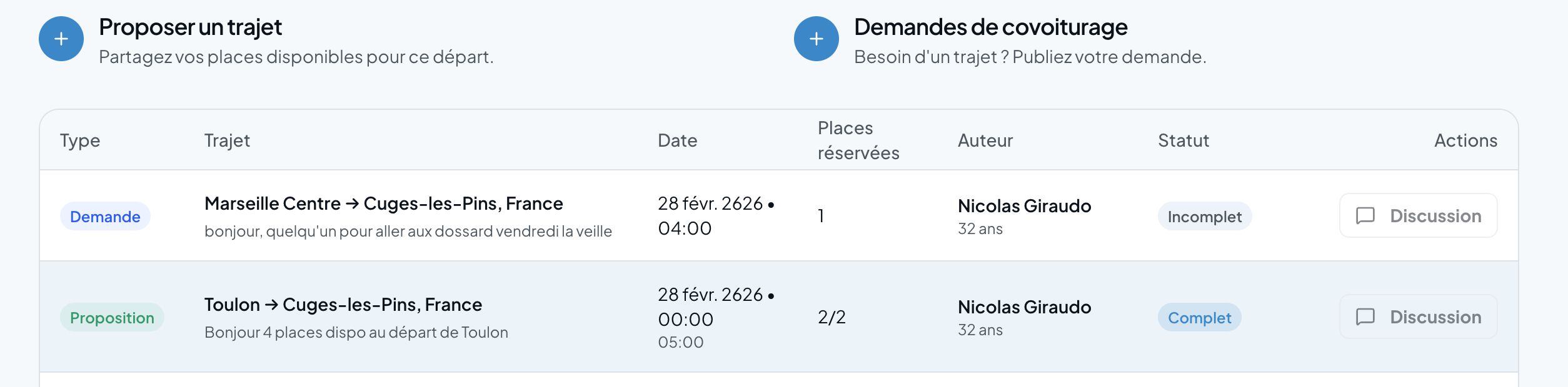 Aperçu des annonces de covoiturage